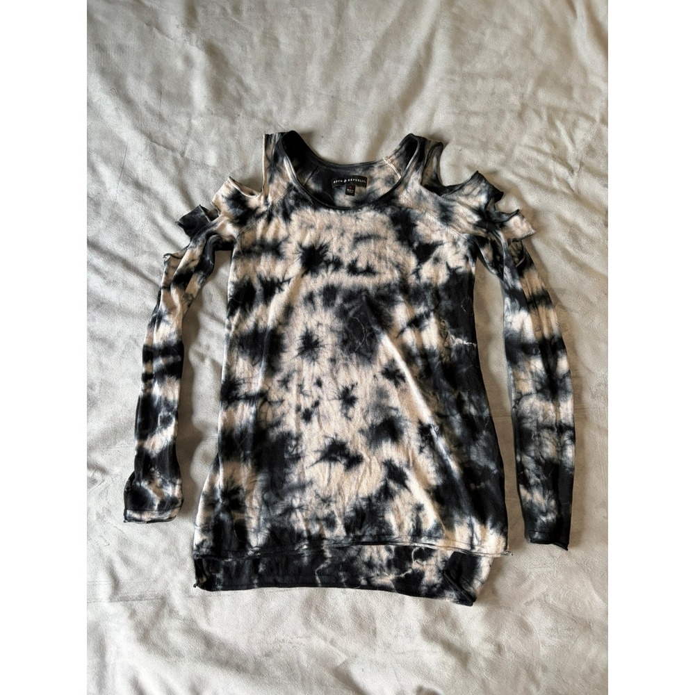 Rock & Republic Womens Black White Tie Dye Cold Shoulder Long Sleeve Top Small